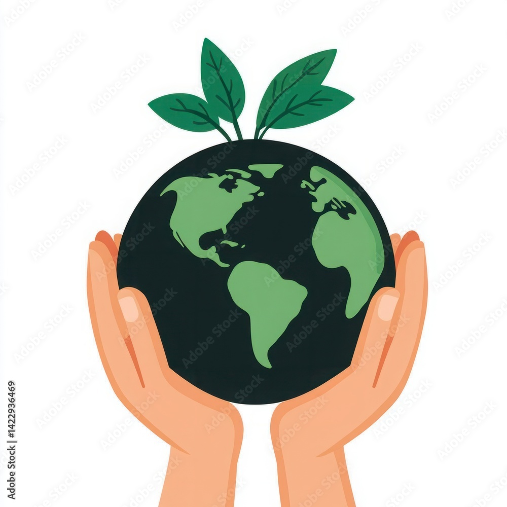 Hands Holding a Green Earth Symbolizing Environmental Protection, Sustainability, and Care for Nature with Leaf Accents and Global Maps Illustrations