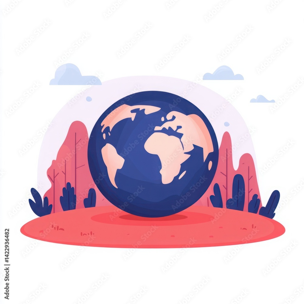Colorful and Artistic Illustration of a Globe Surrounded by Vibrant Plants and Clouds in a Stylized Nature Setting