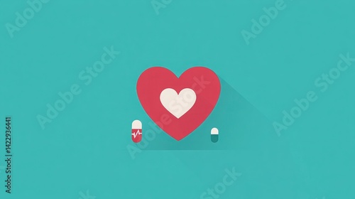 Obraz na płótnie Heart Shape with Pill Motif on Turquoise Background Representing Medical Care and Health Conceptual Art for Wellness and Pharmacy Themes w salonie