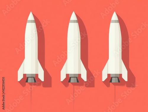Obraz na płótnie Minimalist Vector Illustration of Three Rockets Launching with a Bold Red Background Ideal for Space Themes and Technology Projects w salonie