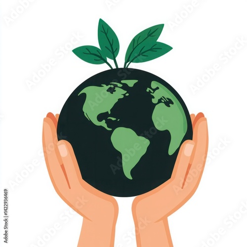 Obraz na płótnie Hands Holding a Green Earth Symbolizing Environmental Protection, Sustainability, and Care for Nature with Leaf Accents and Global Maps Illustrations w salonie