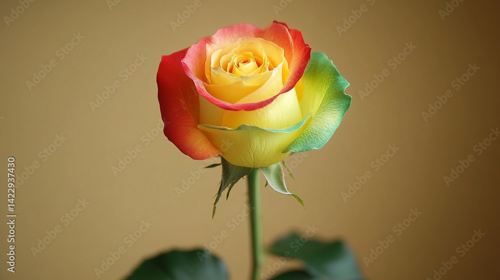 Obraz premium Vivid multicolored rose with green yellow and red petals glows in soft focus against a warm gradient backdrop symbolizing diversity unity transformation and the beauty of unconventional growth
