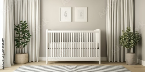 Baby room with soft curtains concept. Modern nursery with crib, plants, and decorative curtains.