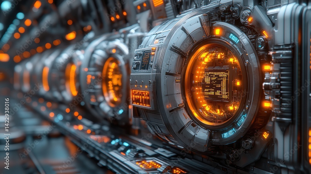 Obraz premium Futuristic Server Room: Glowing Orange Cores