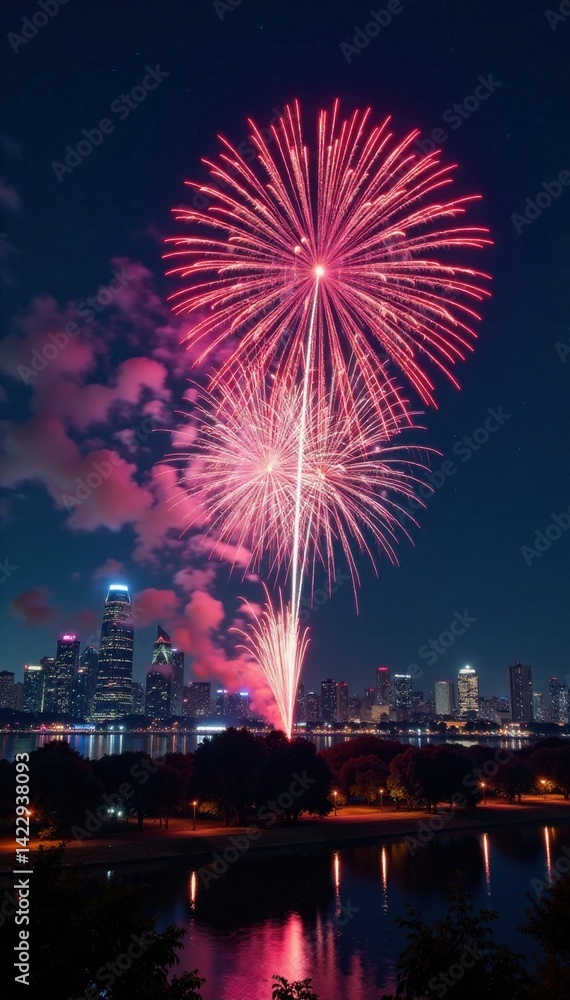 New Year's Eve fireworks exploding over city skyline at night, celebration, nighttime, cityscape New Year's Eve fireworks exploding over city skyline at night, celebration, nighttime, cityscape