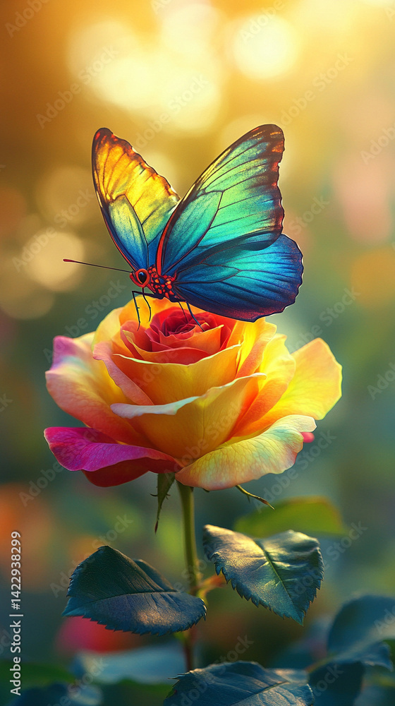 Obraz premium Vivid multicolored rose with green yellow and red petals glows in soft focus against a warm gradient backdrop symbolizing diversity unity transformation and the beauty of unconventional growth