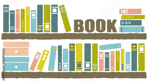たくさんの本が並んだ本棚｜BOOKの文字とボックス