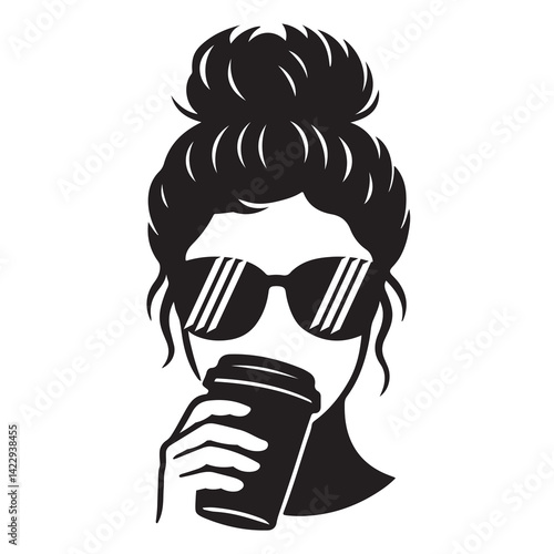 Woman Silhouette with Coffee Cup – Black and White Girl Boss Design for T-Shirts, Stickers, and Mugs