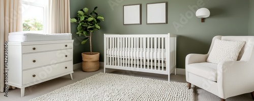Baby room with soft curtains concept. Cozy nursery with crib, dresser, and plant decor.