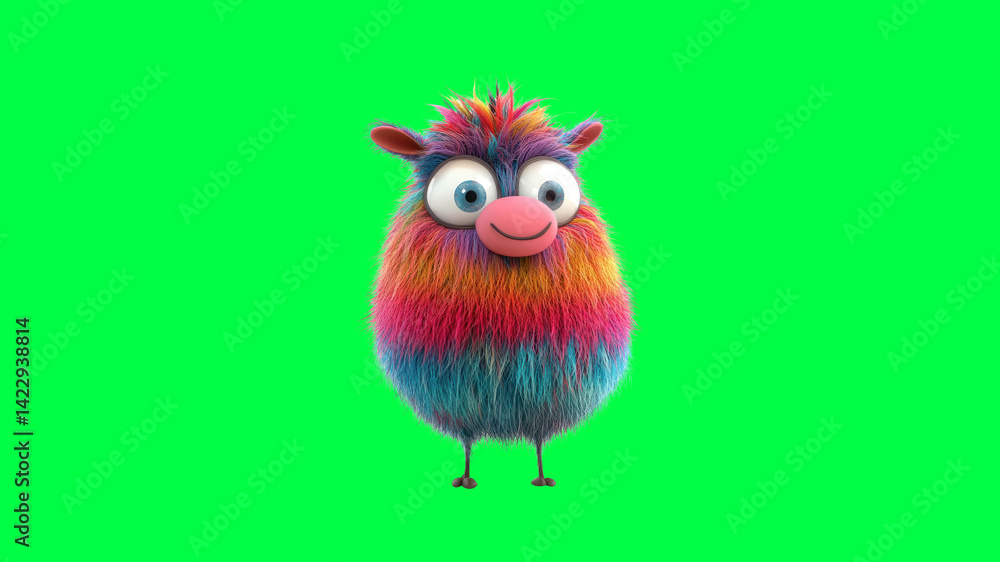 Fototapeta premium Colorful fluffy cartoon creature on green screen background