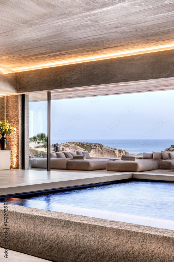 Obraz premium Luxurious modern villa with ocean view and infinity pool at sunset in coastal location