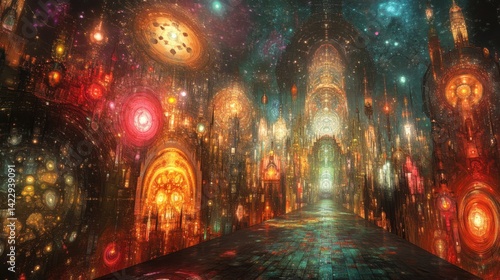 Wallpaper Mural An abstract city made entirely of fractal designs, glowing with shifting colors and suspended in a vast, otherworldly void  Torontodigital.ca