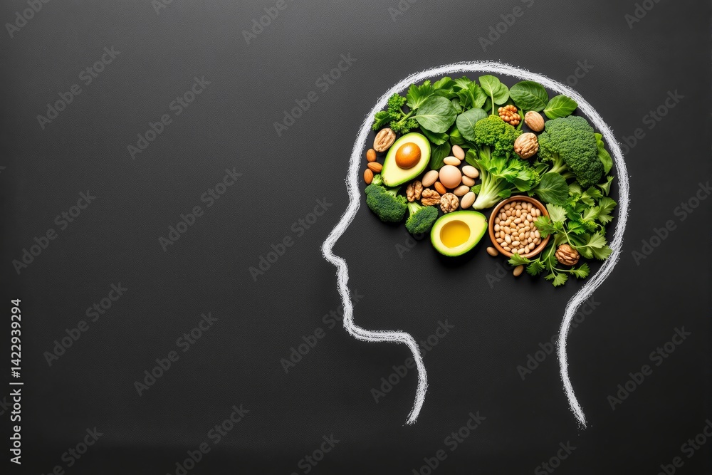 Assortment of healthy food shaped like a brain inside white chalk head outline, realistic style, on dark textured background, concept of brain nutrition, Ai generative