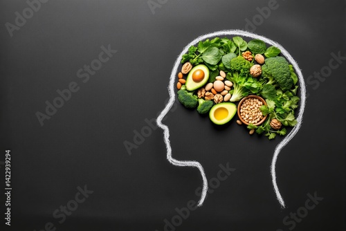 Obraz na płótnie Assortment of healthy food shaped like a brain inside white chalk head outline, realistic style, on dark textured background, concept of brain nutrition, Ai generative w salonie