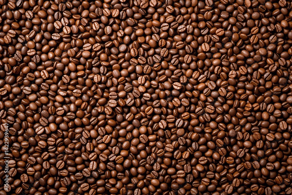 Glossy roasted coffee beans densely packed as background, realistic photographic style, overhead view, concept of caffeine, food, texture. Ai generative Glossy roasted coffee beans densely packed as background, realistic photographic style, overhead view, concept of caffeine, food, texture. Ai generative