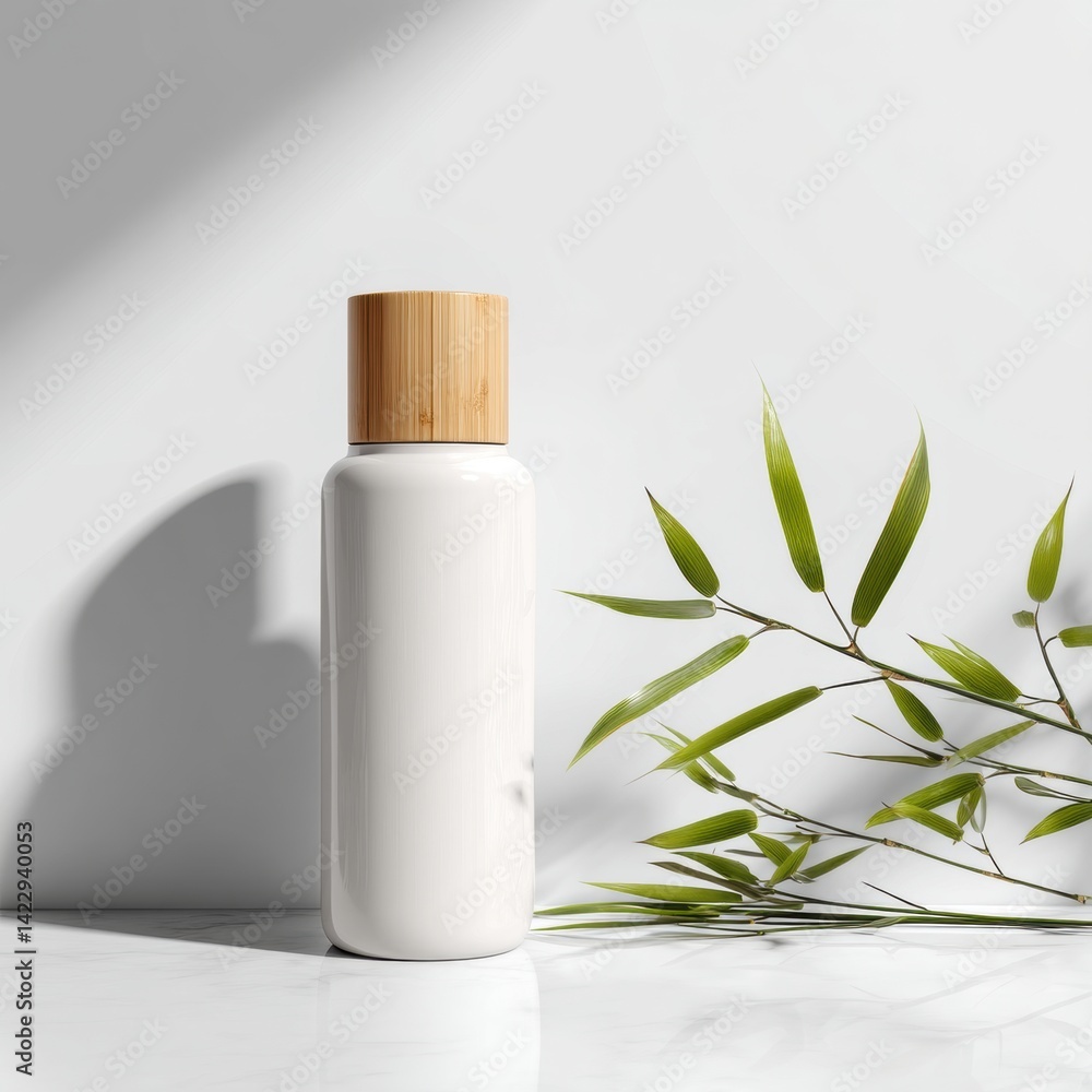 Minimalist White Bottle with Bamboo Lid and Greenery Minimalist White Bottle with Bamboo Lid and Greenery