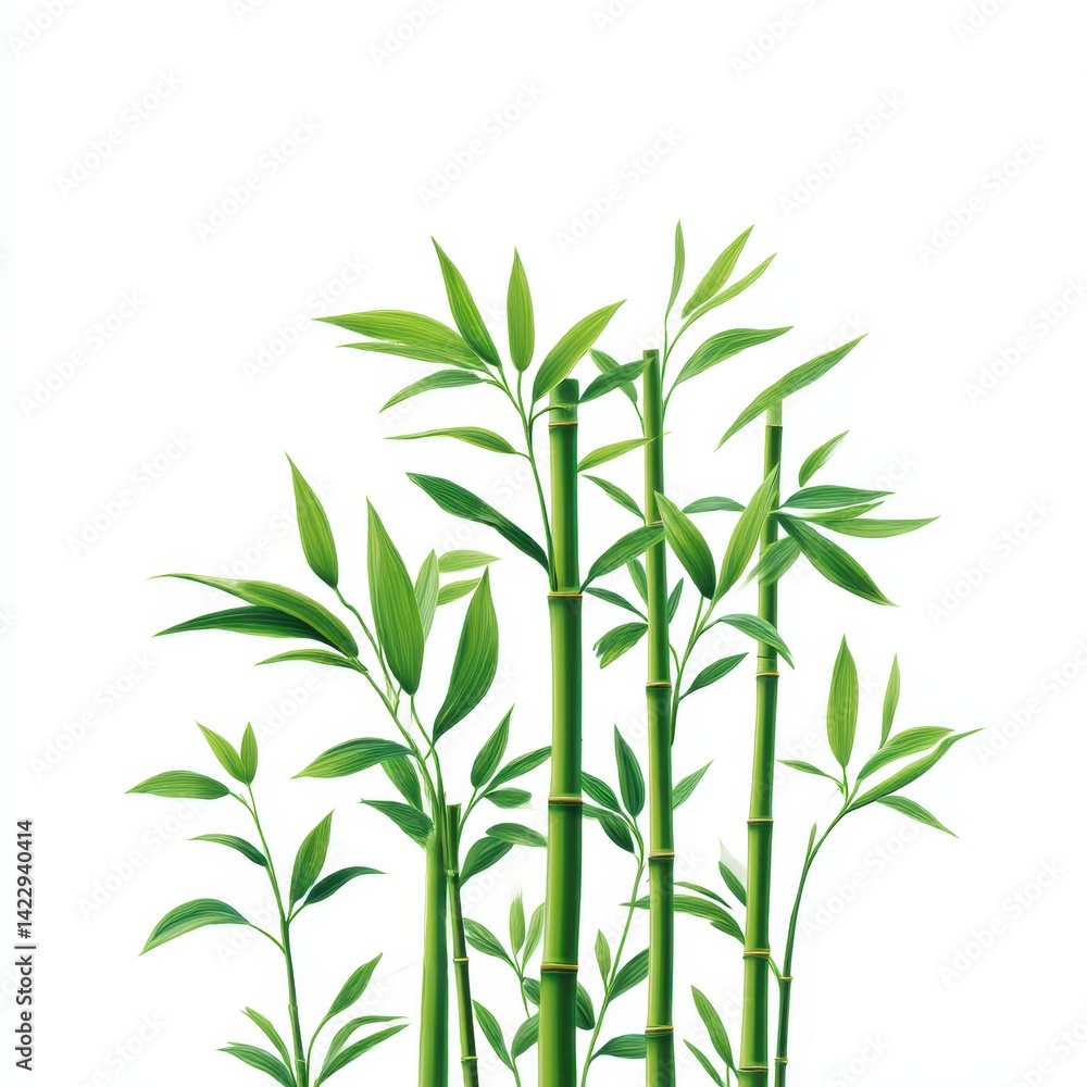 Fototapeta premium Green bamboo stalks with leaves on white background