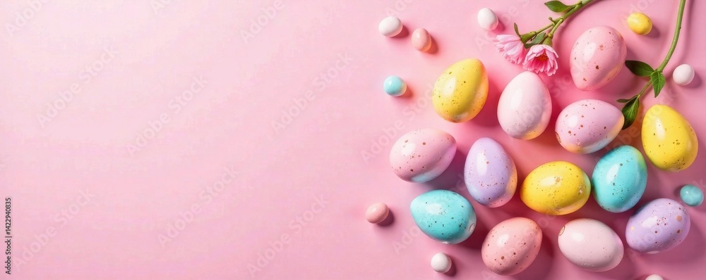 Decorated Easter eggs scattered on a pastel pink surface, white eggs, decorative eggs, colorful eggs Decorated Easter eggs scattered on a pastel pink surface, white eggs, decorative eggs, colorful eggs
