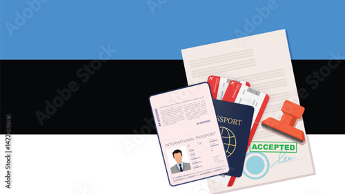 Estonia visa, open stamped passport with visa approved document for border crossing. Immigration visa concept. Background with Estonia flag. vector illustration