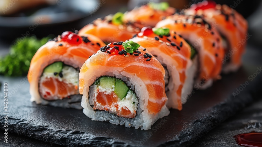 sushi rolls on slate plates with red and black background - stock photo sushi rolls on slate plates with red and black background - stock photo
