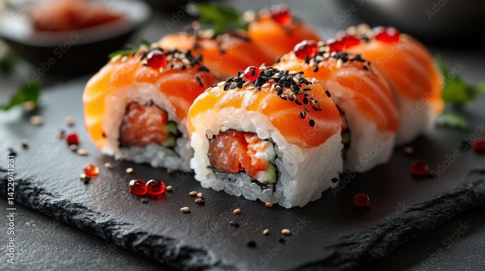 sushi rolls on slate plates with red and black background - photo for design sushi rolls on slate plates with red and black background - photo for design