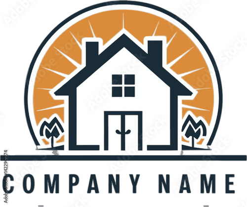 Simple, Modern Home Logo with Sun and Trees. A minimalist logo design featuring a house silhouette surrounded by a warm-toned sunburst and small trees