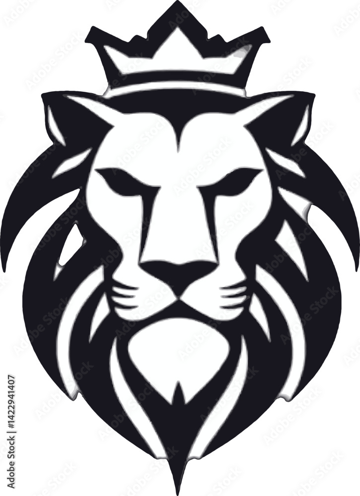 Fototapeta premium Powerful lion logo with crown on black background. This minimalist black and white graphic features a stylized lion's head wearing a crown set against a solid black backdrop