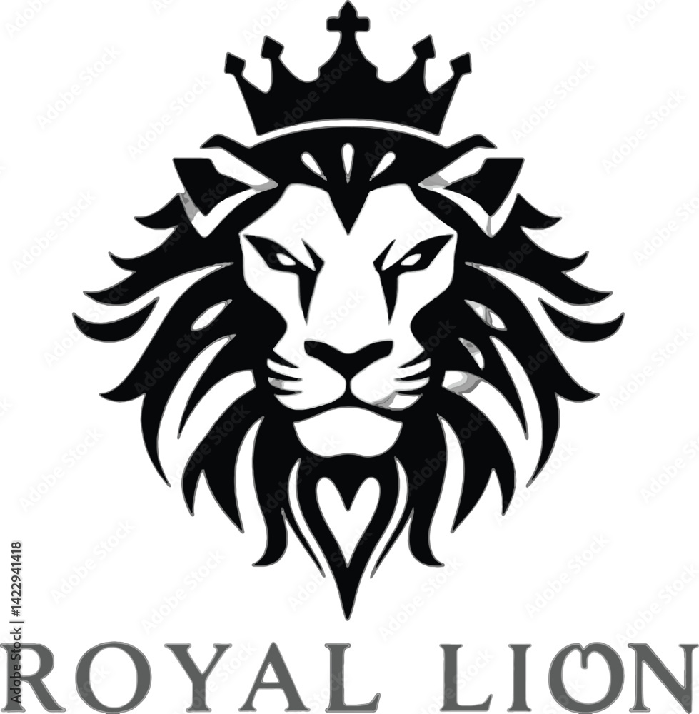 Obraz premium Powerful Royal Lion Logo on Black Background. A bold graphic black and white silhouette of a lion's head prominent and regal against a pure black background