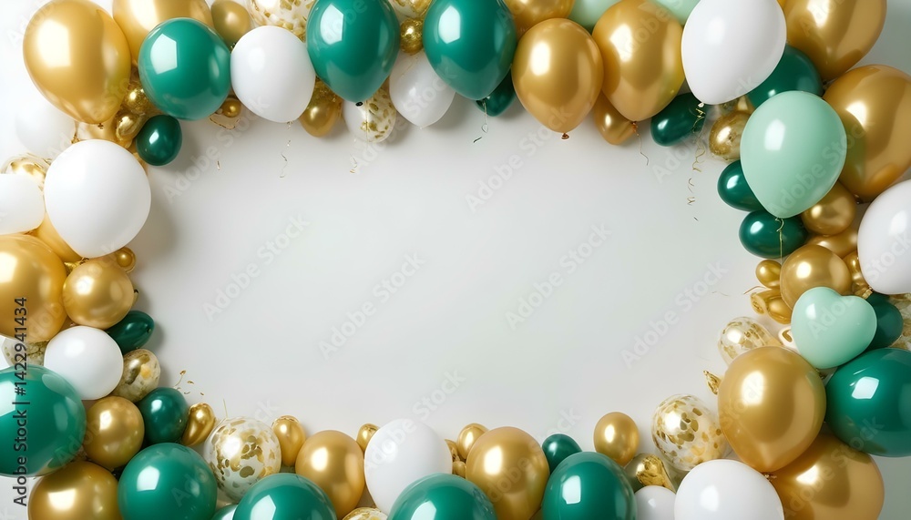 A delightful frame crafted with gold, green, and white balloons, perfect for celebration. A delightful frame crafted with gold, green, and white balloons, perfect for celebration.