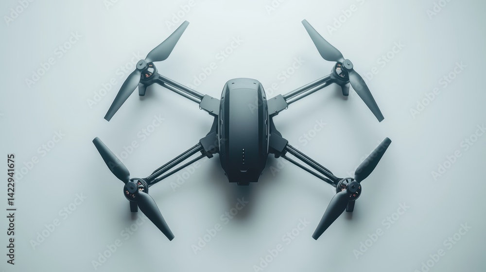 A top-down shot of a high-tech drone resting on a white surface, captured with soft studio lighting A top-down shot of a high-tech drone resting on a white surface, captured with soft studio lighting
