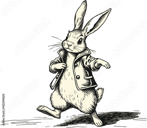 A whimsical black and white illustration of the White Rabbit from Alice's Adventures in Wonderland. A stylized black and white illustration of the White Rabbit from Lewis Carroll's Alice's Adventures