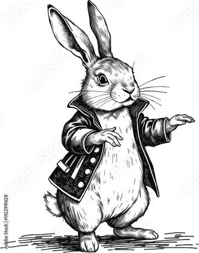 Stylish Black and White Illustration of the White Rabbit from Alice's Adventures in Wonderland. A detailed black and white line art illustration of the White Rabbit from Lewis Carroll's