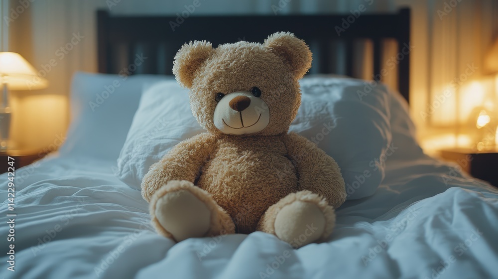 A front-facing shot of a teddy bear on a white sheet, highlighted by soft lighting A front-facing shot of a teddy bear on a white sheet, highlighted by soft lighting