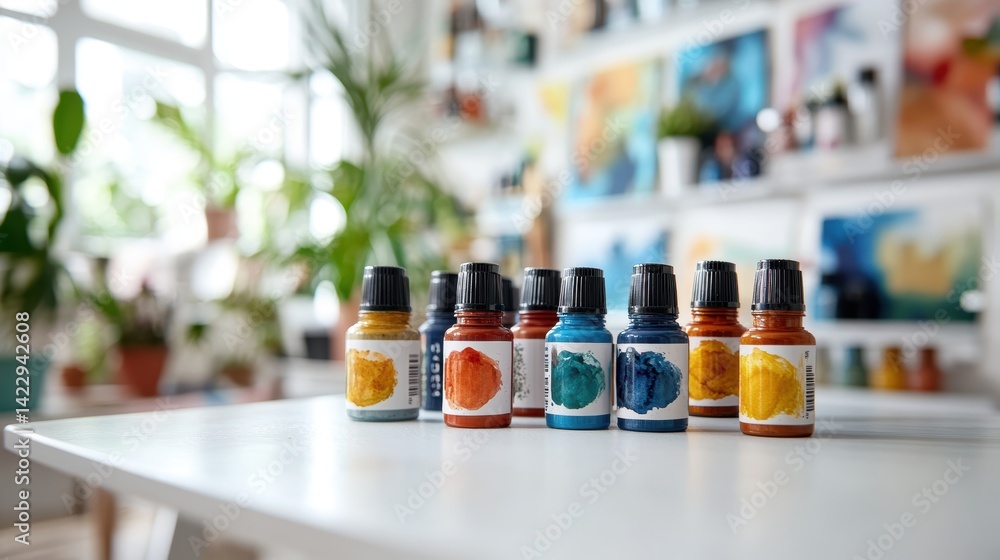 A front-facing view of a set of watercolor paints on a white table, with clean, bright lighting A front-facing view of a set of watercolor paints on a white table, with clean, bright lighting