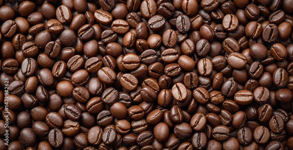 Fototapeta premium Roasted coffee beans closely packed together, realistic photographic style, natural food background, concept of caffeine, aroma, and energy. Ai generative