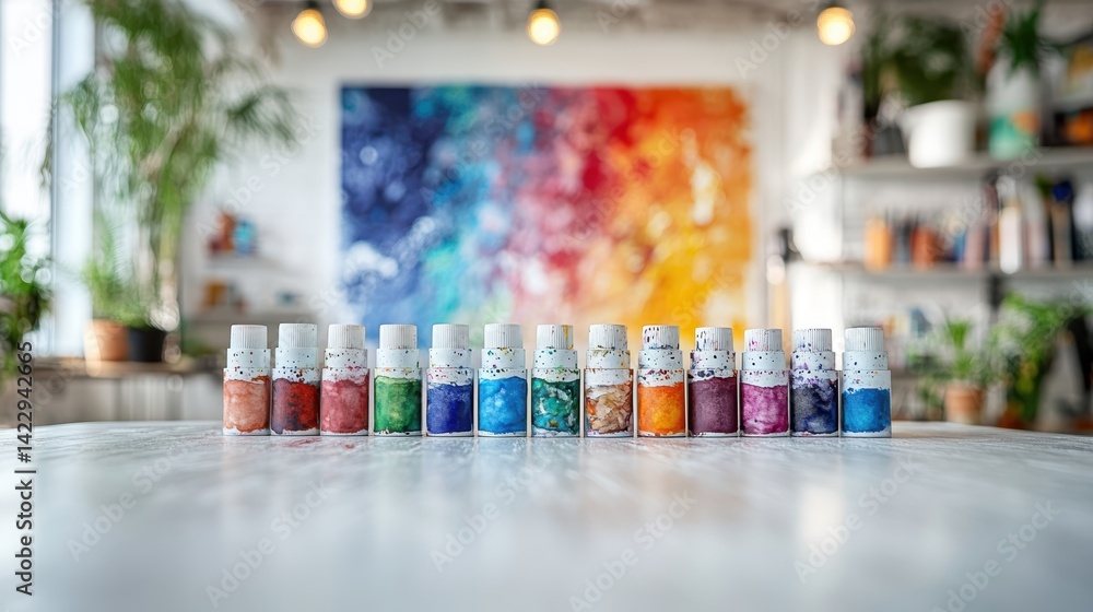 Fototapeta premium A front-facing view of a set of watercolor paints on a white table, with clean, bright lighting