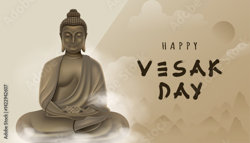 Vesak Day Creative Concept for Card or Banner. Vesak Day is a holy day for Buddhists. Happy Buddha Day with Siddhartha Gautama Statue Design Vector Illustration