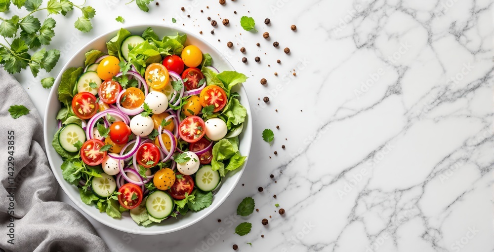 Fresh vegetable salad with cherry tomatoes, cucumber, red onion, mozzarella, and greens in a bowl on white marble background with herbs and spices. Ai generative Fresh vegetable salad with cherry tomatoes, cucumber, red onion, mozzarella, and greens in a bowl on white marble background with herbs and spices. Ai generative