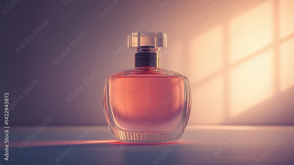 A front-facing shot of a perfume bottle on a white surface, illuminated with clean studio lighting A front-facing shot of a perfume bottle on a white surface, illuminated with clean studio lighting