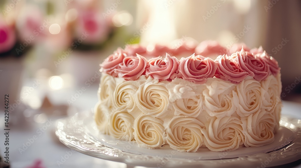A close-up of a beautifully decorated cake on a white plate, illuminated by soft lighting A close-up of a beautifully decorated cake on a white plate, illuminated by soft lighting