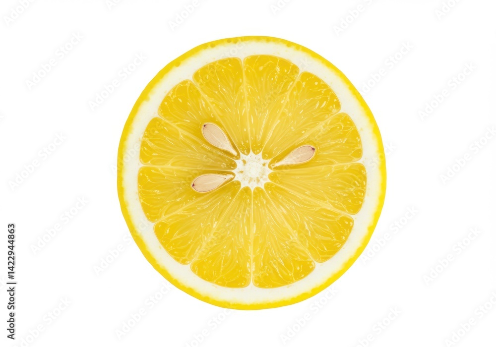 A close up of a lemon slice showing the segments the rind and a few seeds on a white background A close up of a lemon slice showing the segments the rind and a few seeds on a white background