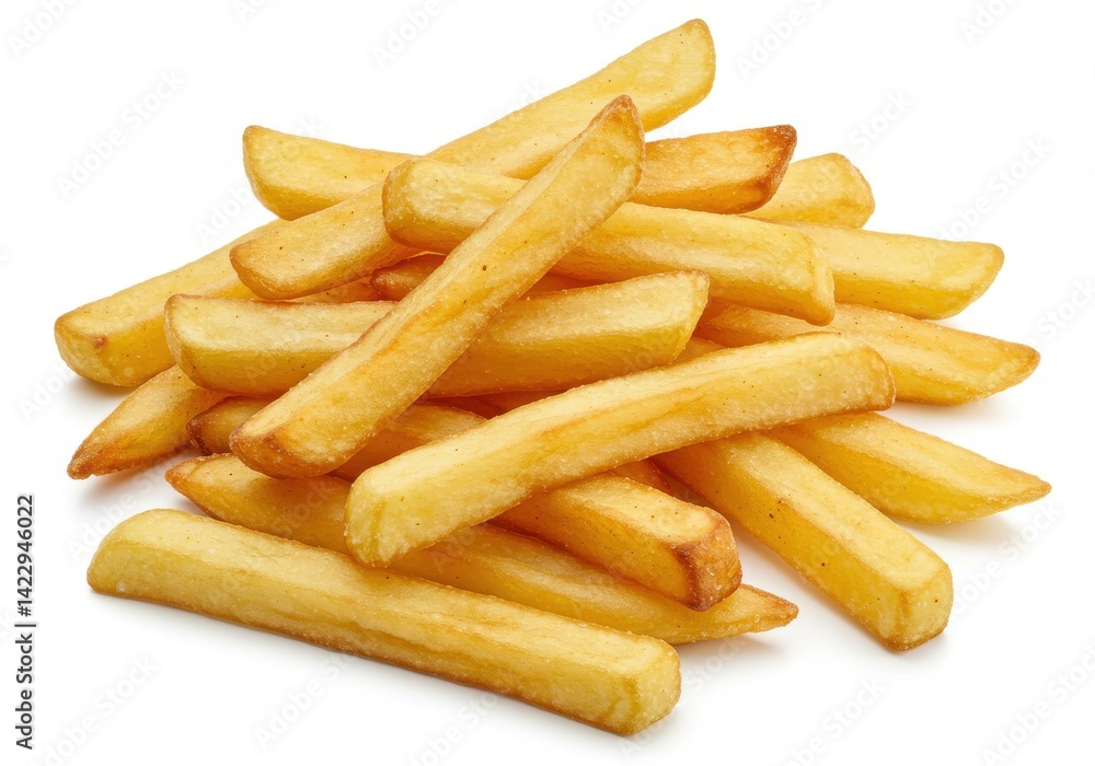 A pile of golden brown french fries stacked on top of each other on a plain white background surface A pile of golden brown french fries stacked on top of each other on a plain white background surface