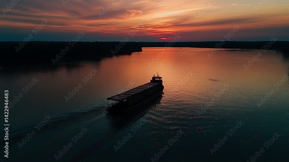 Naklejka premium Tranquil Sunset Cruise: A Barge Navigating Calm Waters Under a Vibrant Sky