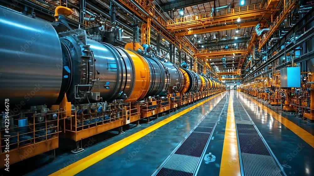 Industrial machinery line in a large factory hall. Rows of large, metallic, industrial-grade components are arranged on platforms, indicative of a manufacturing or energy production facility. Industrial machinery line in a large factory hall. Rows of large, metallic, industrial-grade components are arranged on platforms, indicative of a manufacturing or energy production facility.