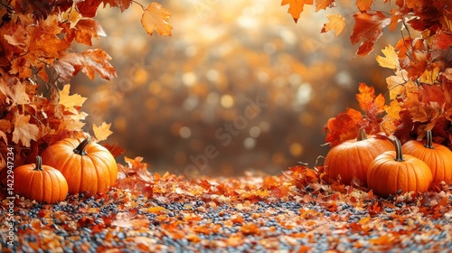 warm fall themed backdrop with orange pumpkins and leaves - stock photo