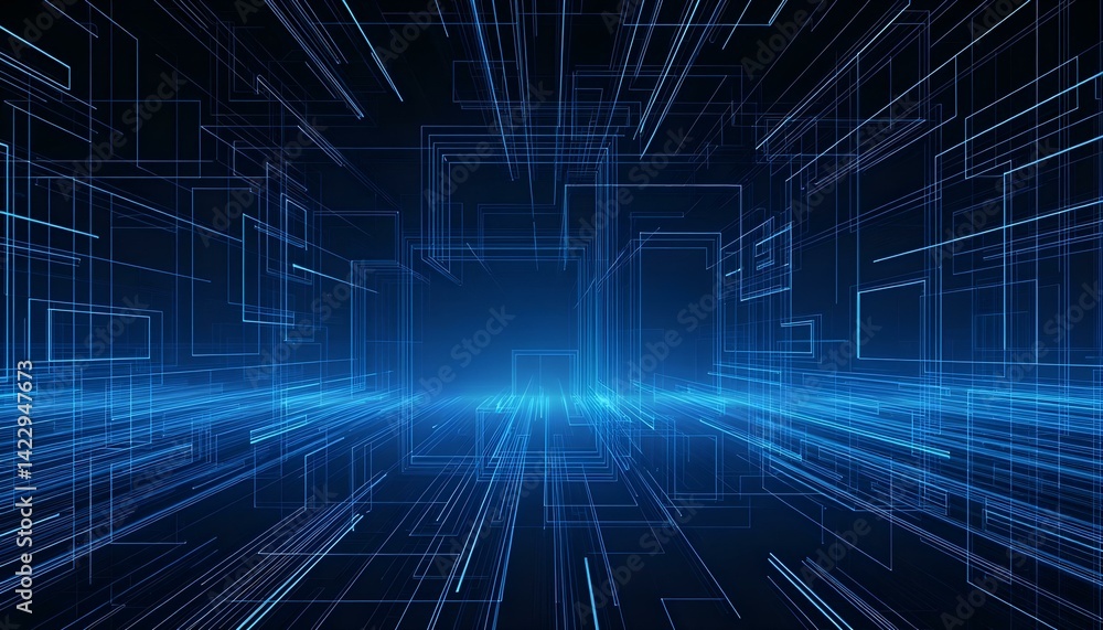 Abstract blue digital grid lines with perspective, creating a futuristic and technological background, with a sense of depth and complexity Abstract blue digital grid lines with perspective, creating a futuristic and technological background, with a sense of depth and complexity