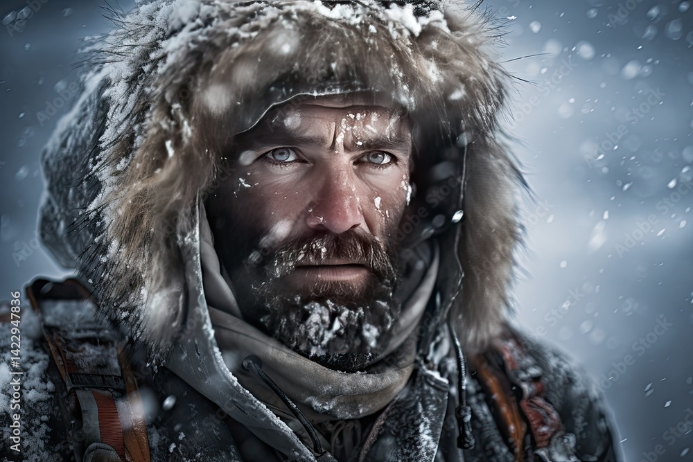 Close-up portrait of a polar explorer during a snow storm. Close-up portrait of a polar explorer during a snow storm.