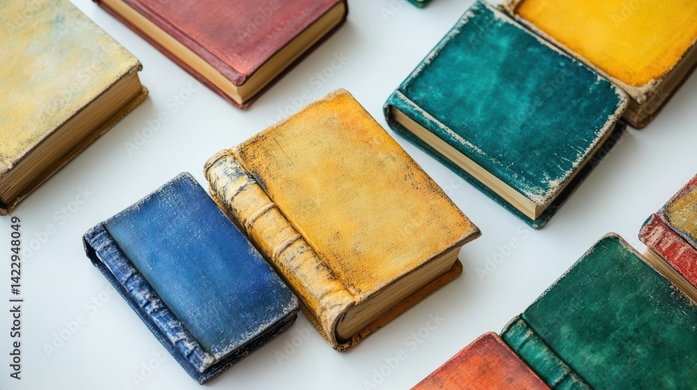 Fototapeta premium A top-down view of a set of colorful books on a white table, captured with soft lighting to create a cozy atmosphere