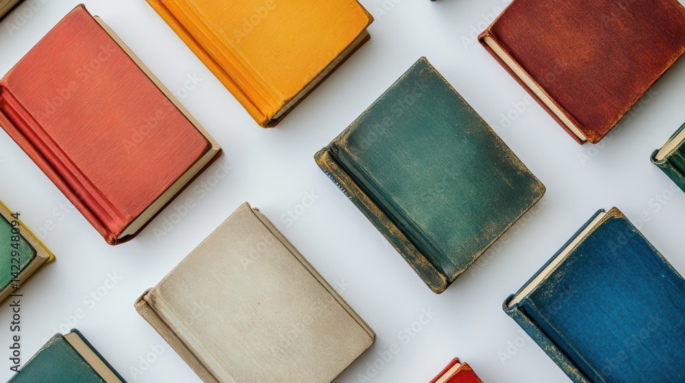Fototapeta premium A top-down view of a set of colorful books on a white table, captured with soft lighting to create a cozy atmosphere