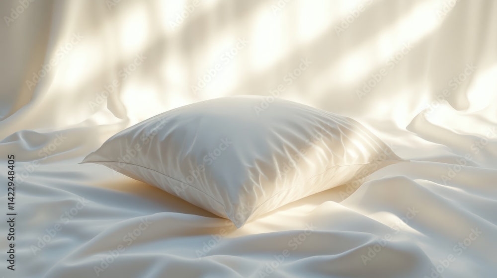 Fototapeta premium A close-up of a soft white pillow on a white surface, illuminated with soft lighting to create a serene atmosphere